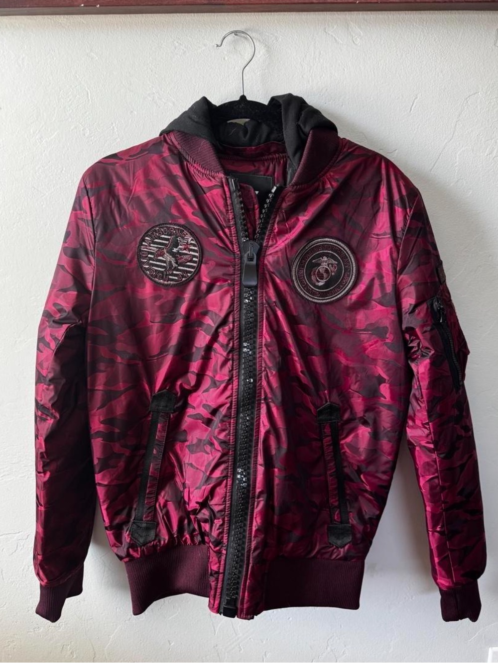 Men's Maroon Camouflage Bomber Jacket with Hooded Liner